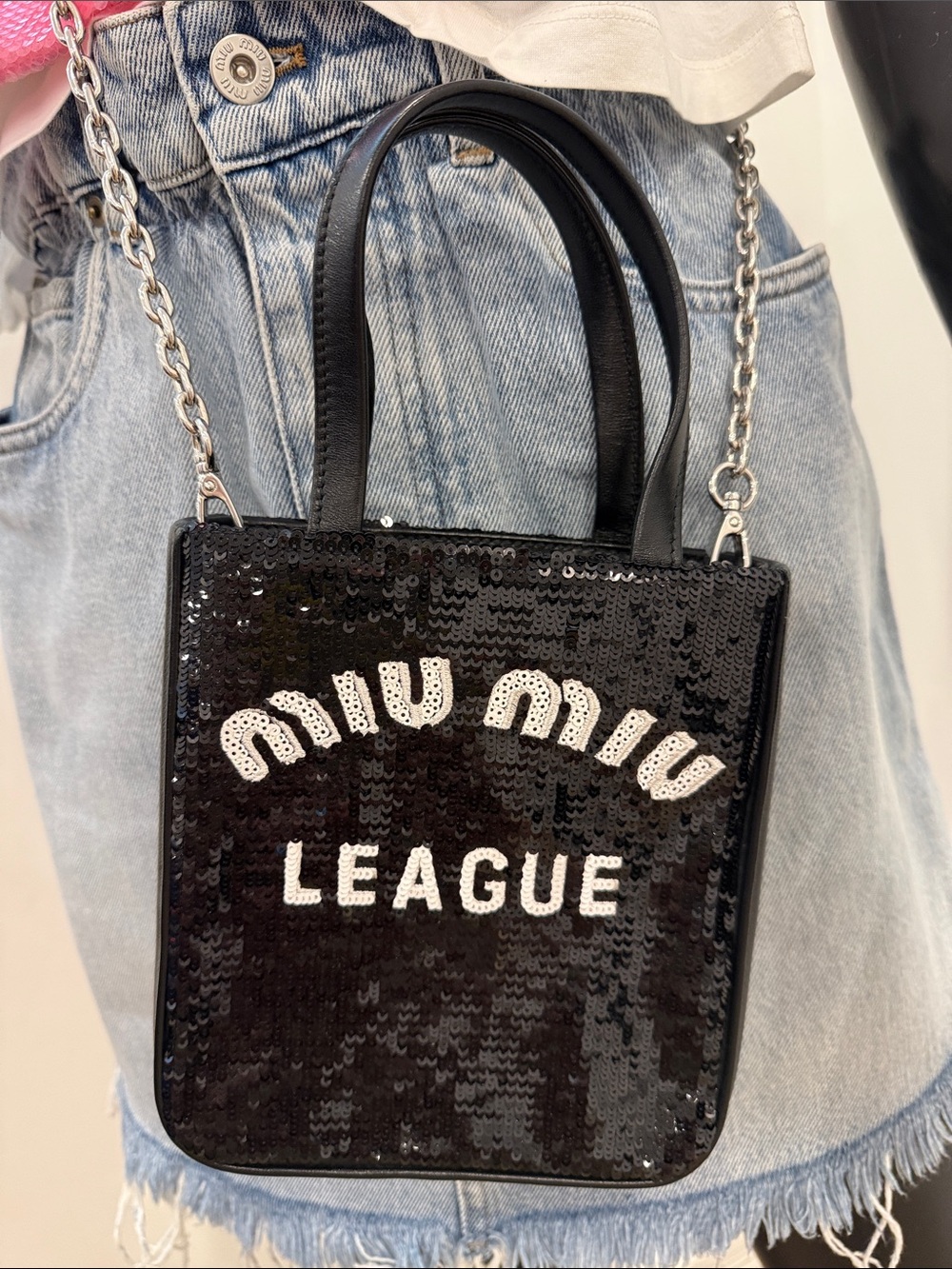 Miu Miu Sequin “League” Mini Tote 5BA220 Black | NEW | Full Set | Chain Strap